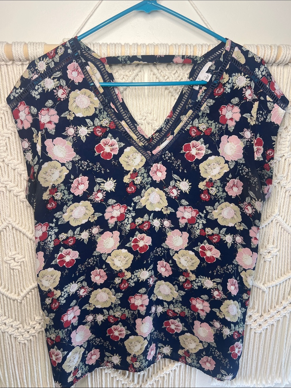 DR2 Navy Floral V-Neck Blouse with Pink & Cream Flowers